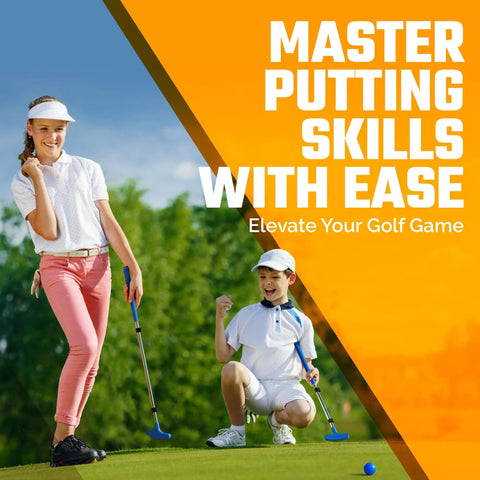 Kids using Junior Golf Putter With Extendable Shaft For Right Or Left Hand, mini golf set in action on grass course