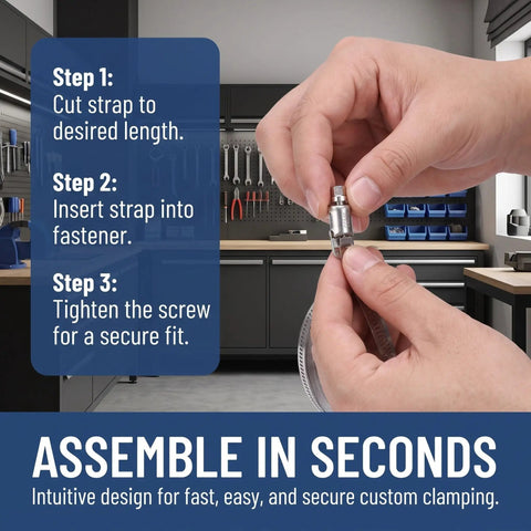 Heavy Duty Stainless Steel Hose Clamp Roll With Adjustable Cut To Fit Strap Design For Water Hoses And Vents Plus Sturdy Metal Clamp Kit Perfect For Damp Environments And High Pressure Seals That Actually Hold Tight., hands assembling stainless hose clamp roll with adjustable screw fastener