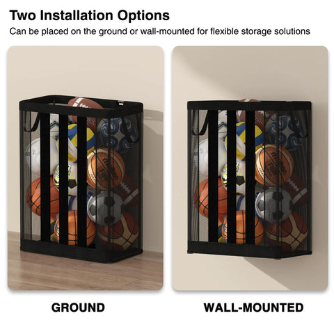 Ball Storage Organizer Basket For Garage, Gym, Or Playroom, Wall Mounted Or Freestanding Holder shown in ground and wall-mounted options.
