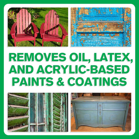 Heavy Duty Paint And Varnish Remover That Sheds Fifteen Layers Of Acrylic Latex And Oil Without Any Drama Featuring Bag On Valve Spray For Quick Rinse Off Diy Builds Using Compressed Air Canisters In A Four Pack Set displayed with various painted surfaces.