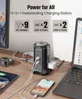 Nine Outlet Tower Surge Protector With Four USB Ports And A 10 Ft Cord, Grounded Plug In Desktop Charging Station, 1080 Joules, Black
