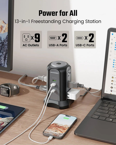Nine Outlet Tower Surge Protector With Four USB Ports And A 10 Ft Cord, Grounded Plug In Desktop Charging Station, 1080 Joules, Black