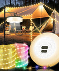 4 In 1 Camping String Light With Rechargeable Battery Thirty Two Point Eight Feet Of Hanging Waterproof Portable LED Lamp illuminating a tent and patio in a forest setting with different colored light modes displayed.