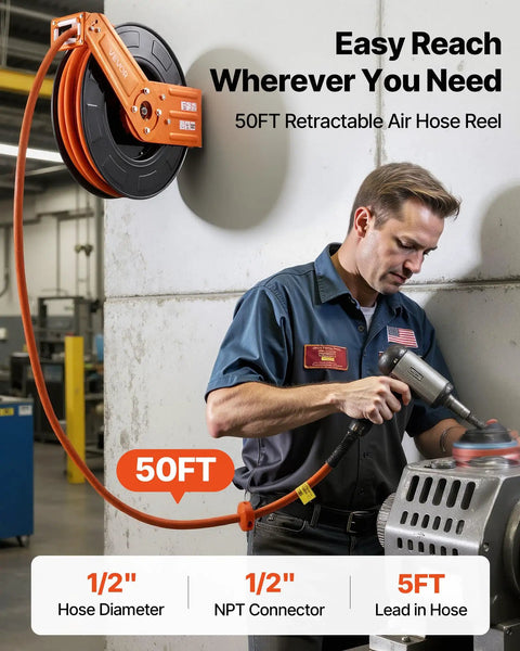 Professional Grade Retractable Air Hose Reel Half Inch By Fifty Feet Solid Rubber Compressor Line Featuring Dead Simple Auto Rewind Mechanism And Short Lead In Cable For Slick Garage Setup with worker using impact wrench.