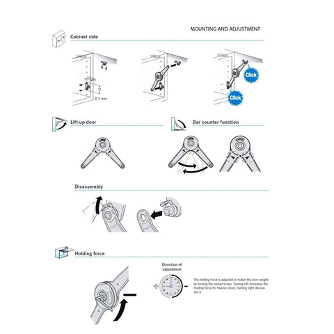 Instructions for Heavy Duty Dual Flap Lid Support Hinge Folding Arm for cabinets and toy boxes with adjustable angle and soft close.