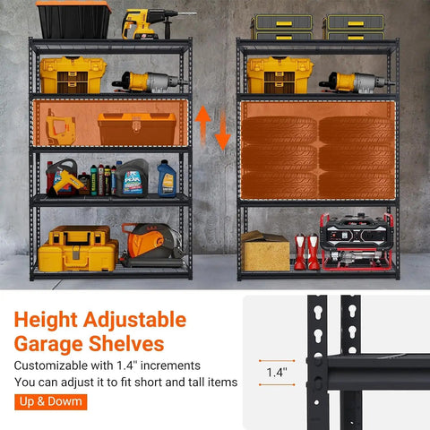Legit Tough Steel Shelving Rack Five Tier Industrial Garage Storage Unit For Tools And Seasonal Gear 48 By 24 By 72 Inches with adjustable shelves.
