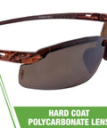 Brown Mirror Safety Glasses with scratch-resistant frameless design, hard coat polycarbonate lens, rubber nosepiece, dual mold grips