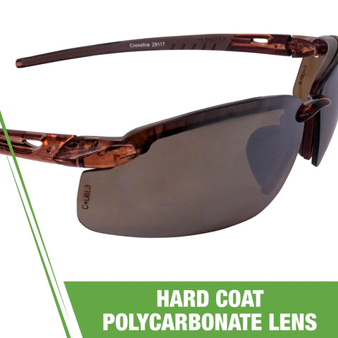 Brown Mirror Safety Glasses with scratch-resistant frameless design, hard coat polycarbonate lens, rubber nosepiece, dual mold grips