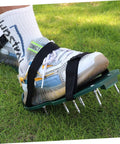 Close-up of a foot wearing lawn aerator shoes with eight adjustable nylon straps on grass, for Eight Pack Lawn Spike Laces For Grass Spiked Shoes Straps Garden Aerator Shoes Nylon Laces Adjustable For Easy Yard Aeration While You Hustle Through The Grass.