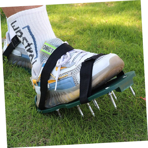 Close-up of a foot wearing lawn aerator shoes with eight adjustable nylon straps on grass, for Eight Pack Lawn Spike Laces For Grass Spiked Shoes Straps Garden Aerator Shoes Nylon Laces Adjustable For Easy Yard Aeration While You Hustle Through The Grass.