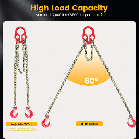 Dual-leg Grade 80 chain sling, 5/16 in x 10 ft, red grab hooks and load binder, 7,000 lb WLL