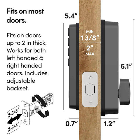 Side view of matte black Go Smart Lock with Fingerprint and Digital Keys, Remote PIN Codes, WiFi Bridge Sold Separately, ANSI Tested