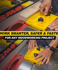 Ultra Handy Woodworking Starter Kit with Featherboard in use on table saw, showing secure hold on wood piece in bright yellow.