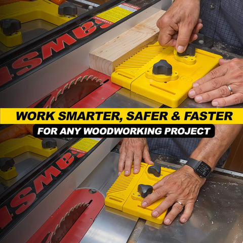 Ultra Handy Woodworking Starter Kit with Featherboard in use on table saw, showing secure hold on wood piece in bright yellow.