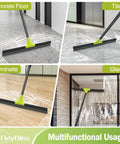 Heavy Duty 24 Inch Floor Squeegee With 62 Inch Telescoping Handle For Fast Water Cleanup On Concrete Pools Decks Garages Showers Windows And More Green For Indoor And Outdoor Use shown on various surfaces including concrete, tile, and glass.