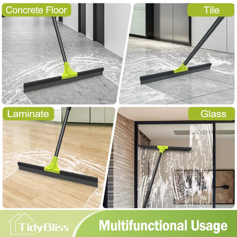 Heavy Duty 24 Inch Floor Squeegee With 62 Inch Telescoping Handle For Fast Water Cleanup On Concrete Pools Decks Garages Showers Windows And More Green For Indoor And Outdoor Use shown on various surfaces including concrete, tile, and glass.