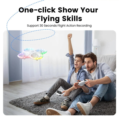 Dope RC Drone For Kids And Adults With 1080P HD FPV Camera Real Time Video Via App hovering indoors with LED lights.