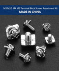 210 Piece Terminal Block Screw Set With Square Washers Sizes M3 To M5 for wiring in electrical panels, nickel plated carbon steel screws.
