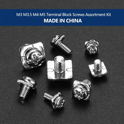 210 Piece Terminal Block Screw Set With Square Washers Sizes M3 To M5 for wiring in electrical panels, nickel plated carbon steel screws.