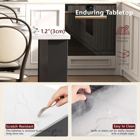 Closeup of 1.2 inch thick waterproof faux marble tabletop on Badass Eighty Three Inch Waterproof Faux Marble Kitchen Cart.