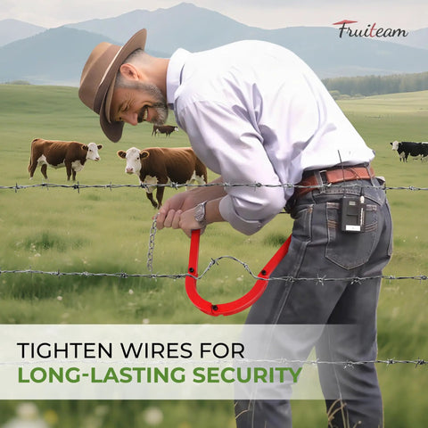 Man using Beefy Heavy Duty Fence Stretcher Fixer And Wire Tightener Tool 7.7 Lbs Handles Up To 6.5mm Wire For Barbed Plain And Electric Fences in a field