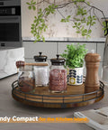 Pro Grade 12 Inch Farmhouse Solid Wood Lazy Susan Rotating Turntable Kitchen Pantry Organizer Built Tough with jars and herb.