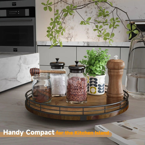 Pro Grade 12 Inch Farmhouse Solid Wood Lazy Susan Rotating Turntable Kitchen Pantry Organizer Built Tough with jars and herb.