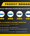Product message describing 4 types of resistors for Muzzler Harness Disable Kit For Honda 3.5L V6, with ohm values and selection guide.