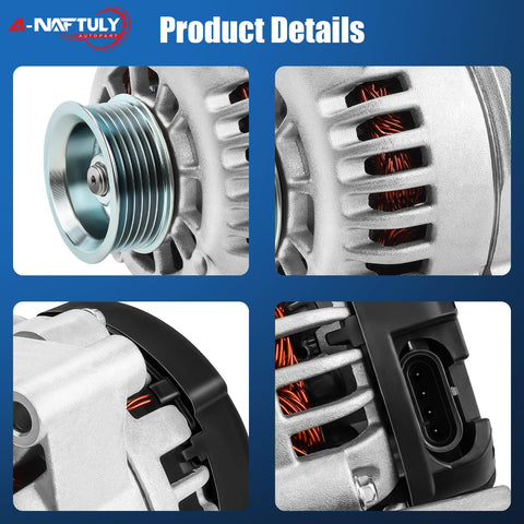 Close-up of High Output Alternator Replacement For Chevy Suburban Tahoe Blazer Astro S10 1500 2500 3500 GMC Isuzu Cadillac Escalade 4.3L 5.0L 5.7L 7.4L V8 1996 1997 1998 1999 2000 2001 2002 ADR0089 40012098 showing copper windings and pulley.