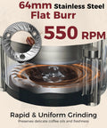 Top Shelf 64 Mm Stainless Steel Flat Burr Coffee Grinder showing 64mm burr, 550 RPM, for uniform grinding of coffee beans.