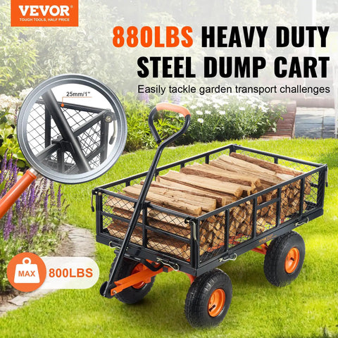 Heavy Duty Steel Garden Dump Cart That Hauls Big Loads With Eight Hundred Eighty Pound Capacity and logs in yard