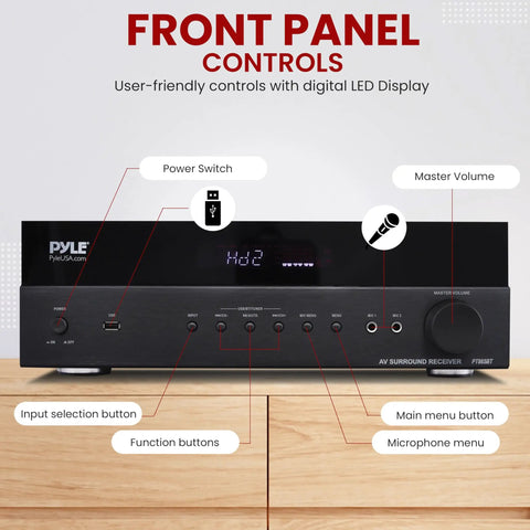 Close-up of front panel controls on 5.2 Channel Hi Fi Home Theater Receiver With 1000W Peak Power Wireless Bluetooth 4K Ultra HD Pass Through MP3 USB DAC Immersive Surround Sound Amplifier For Movie Nights And Party Vibes