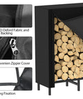 4 Foot Firewood Rack With Weatherproof Cover showing black metal frame and close-up of PVC zipper cover for dry firewood.