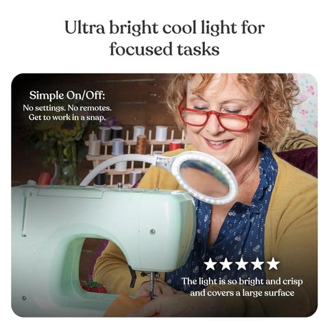 Woman using LightView Pro Flex 2 in 1 Magnifying Desk Lamp With 1.75x LED Light Magnifier Flexible Gooseneck for sewing work