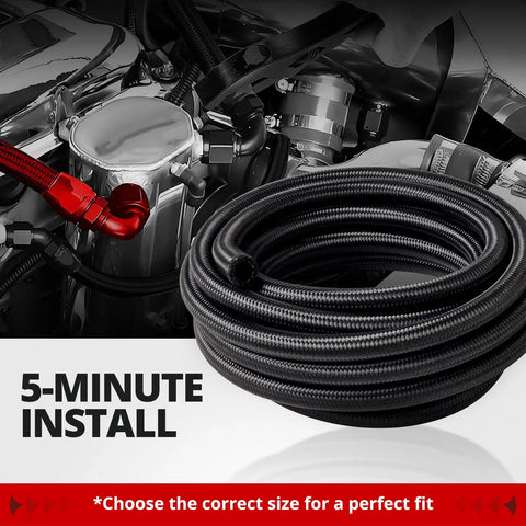 Coiled 6AN Braided Fuel Line Hose 20Ft Black With CPE Inner Layer And Nylon Sheath in a car engine setup