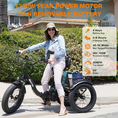 Person riding Fat Tire Electric Tricycle For Adults Foldable Three Wheel E Trike With Removable Battery And Large Basket 750W Motor
