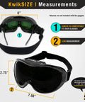 PIT VIPER Shade 5 Welding Goggles With Anti Fog Anti Scratch Lenses, shown with measurements for pro welders, ANSI industrial black.