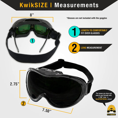 PIT VIPER Shade 5 Welding Goggles With Anti Fog Anti Scratch Lenses, shown with measurements for pro welders, ANSI industrial black.