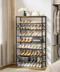 8-Tier Tall Shoe Rack Organizer for Entryway and Closet, holds 24-32 pairs, heavy-duty metal frame, wood top, rustic brown finish