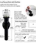 Push-up pop-up drain with overflow, dimensions, and installation guide for Two Handles Brushed Nickel Bathroom Faucet With Overflow Pop Up Drain For 3 Hole Sinks, 360 Degree Swivel Spout, 4 Inch Centerset Lavatory Faucet, Lead Free Waterway, Easy DIY Installation.