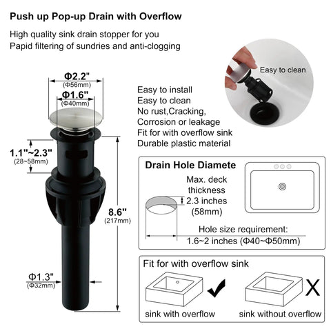 Push-up pop-up drain with overflow, dimensions, and installation guide for Two Handles Brushed Nickel Bathroom Faucet With Overflow Pop Up Drain For 3 Hole Sinks, 360 Degree Swivel Spout, 4 Inch Centerset Lavatory Faucet, Lead Free Waterway, Easy DIY Installation.