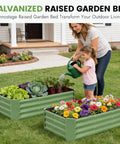 Galvanized Raised Garden Bed Kit 4x2x1ft For Veggies And Herbs, Rust Resistant, in garden setting with flowers and woman watering.