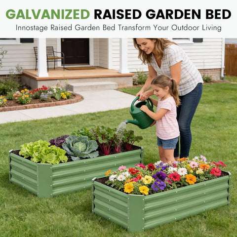 Galvanized Raised Garden Bed Kit 4x2x1ft For Veggies And Herbs, Rust Resistant, in garden setting with flowers and woman watering.