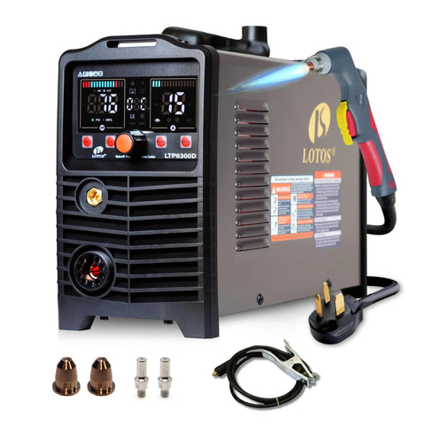 63 Amp Non Touch Pilot Arc Plasma Cutter With Drag Cut For Clean Three Quarter Inch Cuts And One Inch Severance Non HF Arc Start Metal Cutting Machine 110 To 220 Volt Dual Voltage For Auto Body Farm And Workshop Projects