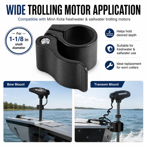 Cam Lock Depth Collar Assembly For Trolling Motors, Hand Control Depth Collar Fits One And One Eighth Inch Shaft, shown with trolling motor
