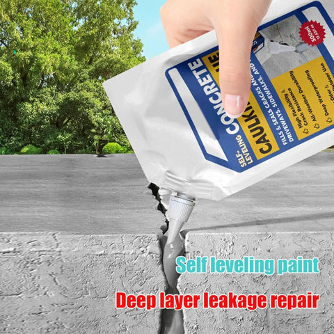 Professional Grade Concrete Caulk And Strong Cement Sealant Bonding Adhesive For Rapid Crack Filling That Sets Quick To Block Water Leaks And Keep Pavement Looking Rock Solid, being applied to a crack in concrete.