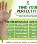 Hand size measurement guide for glove sizing, showing palm width for sizes small to XXL with corresponding colors.