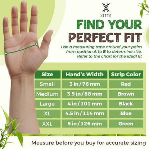 Hand size measurement guide for glove sizing, showing palm width for sizes small to XXL with corresponding colors.