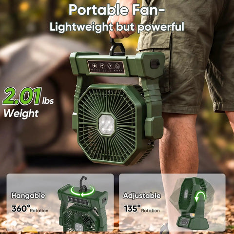 Person holding Must Have All In One Portable Fan With LED Lantern 20000mAh Battery Four Speeds Four Timers USB Power Bank And Type C Fast Charge