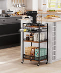 Heavy Duty 5 Tier Floor Standing Coffee Cart With Spacious Pod Storage Organizer For Kitchen Bar Station with coffee maker and pods.